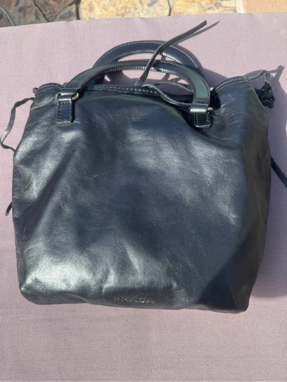 Vintage Prada Black Leather Drawstring Tote Handbag Made in Italy 11” GUC